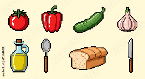 Pixel Art Retro pixel art of kitchen ingredients and utensils with vibrant colors