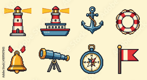 Pixel Art Retro nautical icon set featuring classic marine symbols in pixel art style