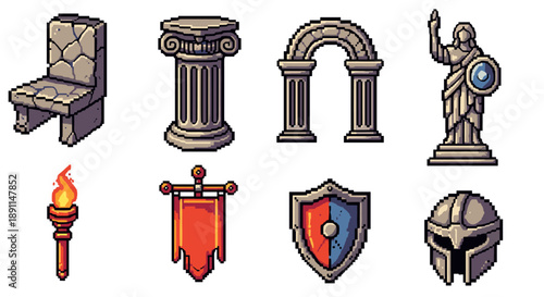 Pixel art ancient greek icons: columns, statue, helmet, and more