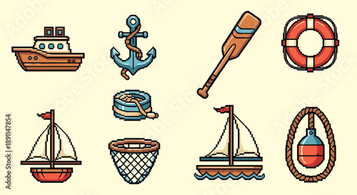 Pixel Art Nautical icon set featuring boats, anchor, and marine equipment in vintage pixel art style