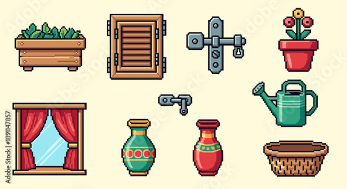Pixel Art Retro pixel art home and garden icons with vintage flair