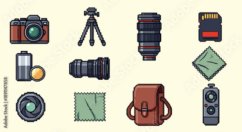 Pixel art camera gear set: creative icons for photography enthusiasts