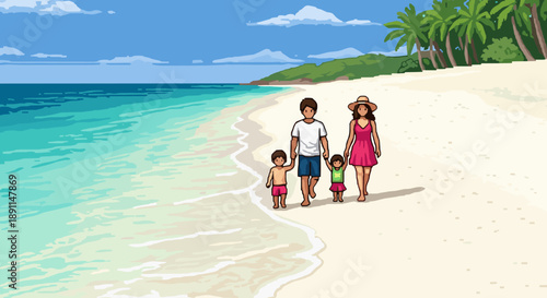 Pixel art family enjoying a beach day with ocean waves and palm trees