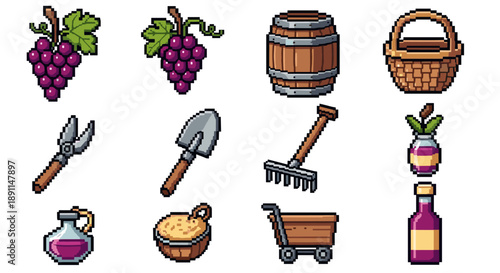 Pixel art vineyard collection: grapes, tools, and wine elements in retro style