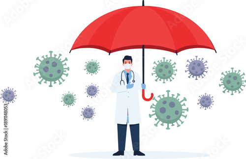Doctor Holding Red Umbrella Protecting Against Virus and Bacteria Vector Illustration for Healthcare Safety, Pandemic Prevention, Medical Protection, and Public Health Awareness Designs