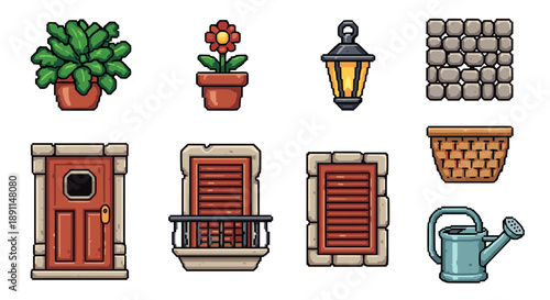 Pixel Art Charming pixel art garden: plants, lantern, door, and window elements for home design