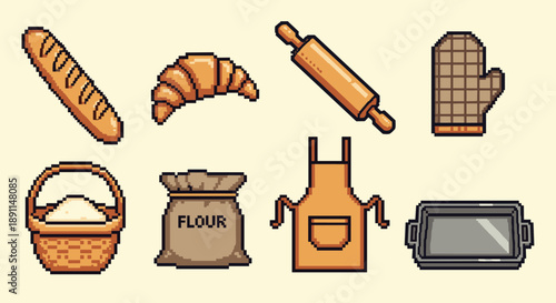 Pixel art baking icons set: bread, croissant, baking tools, flour, apron