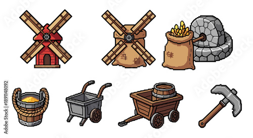 Pixel art medieval farming tools and mill set for games and design