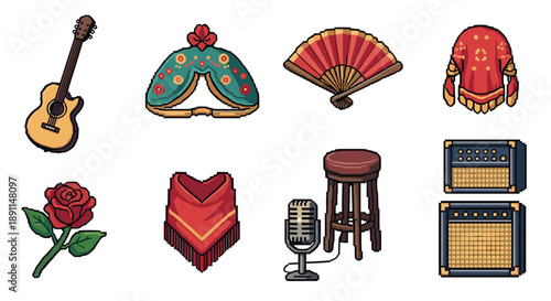 Pixel art fiesta: instruments, traditional clothing, and floral decorations