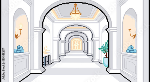 Pixel Art Elegant pixel art hallway with arched ceilings and warm lighting