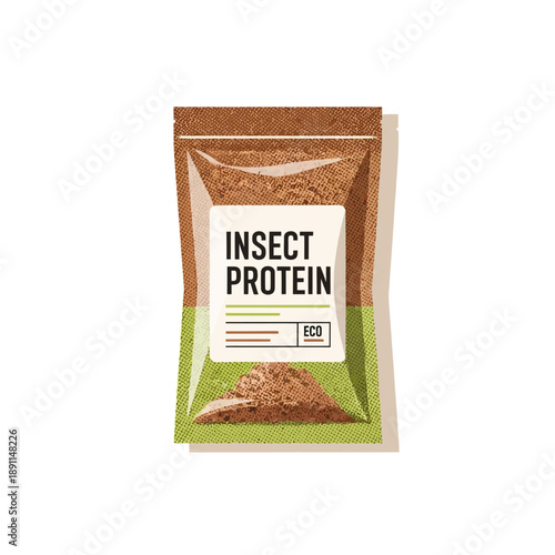 Vector illustration of a modern eco-friendly insect protein powder pouch, promoting sustainable and nutritious food sources for a healthy lifestyle