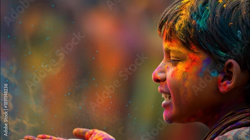 Indian child boy blowing Holi powder at the festival 