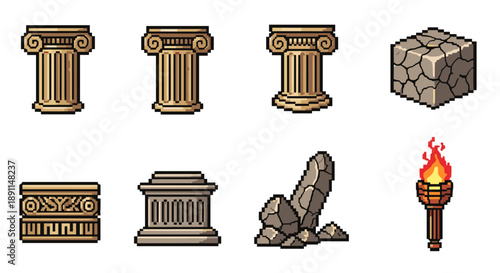 Pixel Art Retro pixel art of ancient greek columns and torch set in classic style
