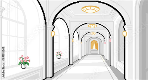 Pixel Art Elegant arched corridor in pixel art with floral accents and warm lighting