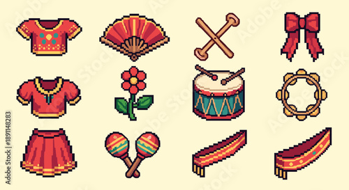 Pixel Art Colorful pixel art traditional clothing and musical instruments set