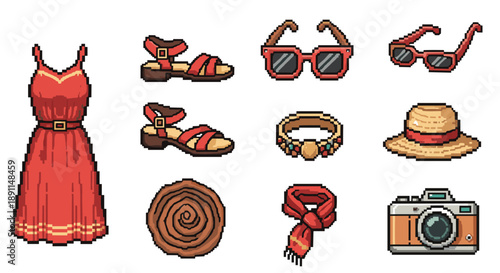 Pixel art summer fashion set with accessories and retro camera