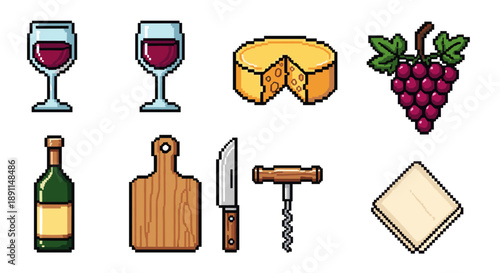 Pixel art wine tasting set: glasses, cheese, grapes, and tools