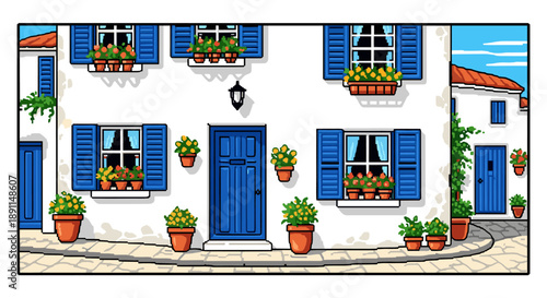 Pixel Art Charming mediterranean house with blue shutters and potted flowers in pixel art style