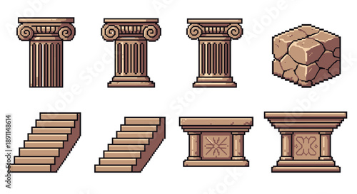 Pixel Art Retro pixel art of ancient greek columns, stone blocks, and steps