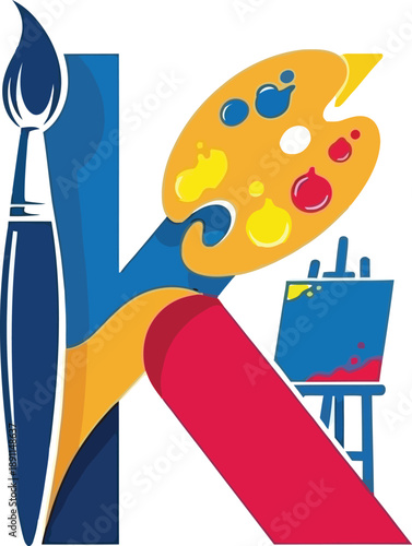 Vector illustration of a summer travel card featuring a cartoon artist with brushes and palette designing a beach sea holiday icon sign