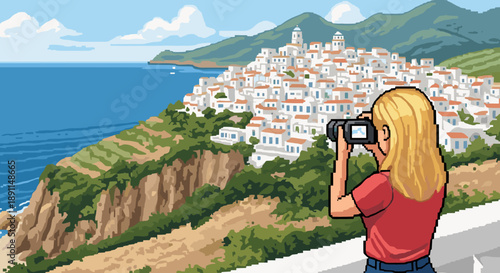 Pixel art scene of woman photographing a mediterranean town by the sea