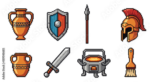 Pixel Art Retro pixel art icons: ancient greece weapons and artifacts