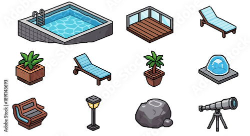 Pixel art summer retreat essentials: pool, deck, lounge chairs, and tropical plants