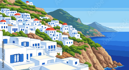 Pixel art coastal village: mediterranean charm in blue and white