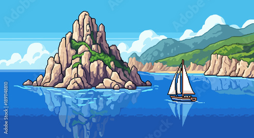 Pixel art tropical seascape with sailboat and lush mountainous background
