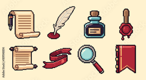 Pixel art writing tools set: scroll, quill, ink, and seal icons for retro gamers