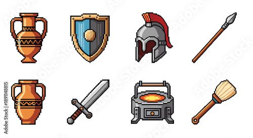 Pixel Art Retro pixel art: ancient greek icons set with helmet, shield, and tools