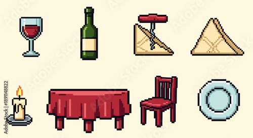 Pixel Art Retro pixel art dining icons: wine, table, chair, candle, plate, corkscrew, napkin