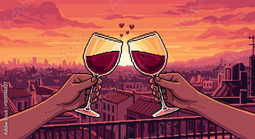 Pixel art sunset toast with wine glasses over romantic cityscape