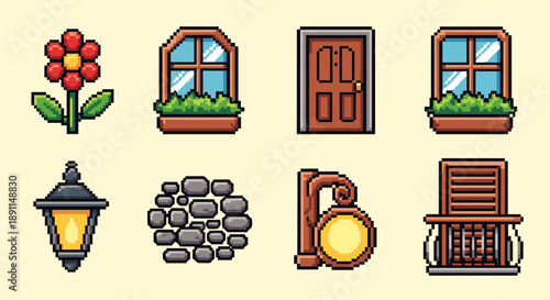Pixel Art Charming pixel art elements: flower, windows, door, lamp, stone, sign, shutters