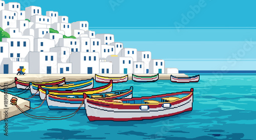 Pixel Art Mediterranean coastal scene with traditional boats and white architecture in pixel art style