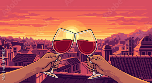Pixel Art Sunset toast in vibrant pixel art cityscape with wine glasses