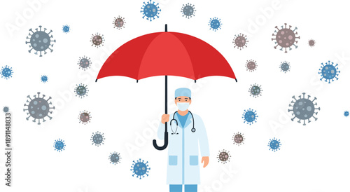 Doctor Holding Red Umbrella Protecting Against Virus Particles Vector Illustration for Healthcare Protection, Medical Safety, Pandemic Prevention, and Public Health Awareness Designs