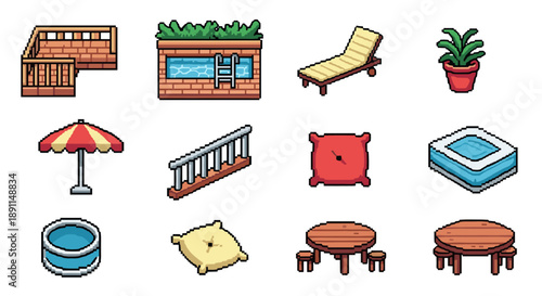 Pixel art outdoor furniture and pool elements collection for retro design