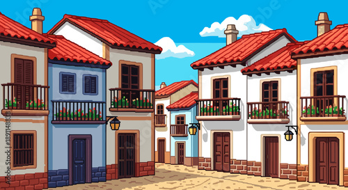Pixel Art Charming village street with colorful spanish architecture and red tiled roofs