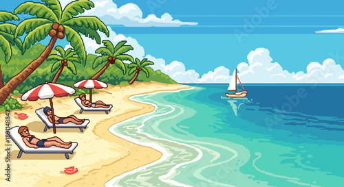 Pixel Art 8-bit beach paradise with palm trees, lounge chairs, and sailboat