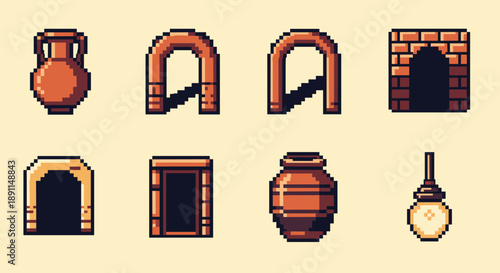 Pixel Art Vintage pixel art icons of ancient pottery and architectural arches
