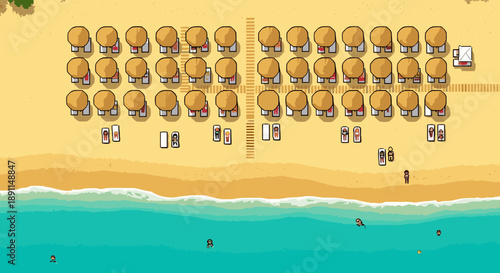 Pixel art beach scene with umbrellas and sunbathers, retro pixel style