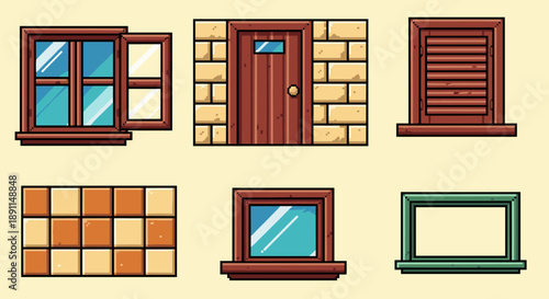 Pixel Art Retro architectural set featuring wooden doors and windows in cartoon style