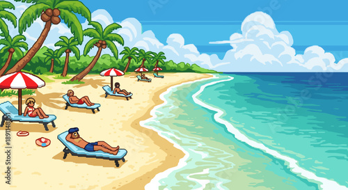 Pixel art tropical beach scene with palm trees and relaxing sunbathers