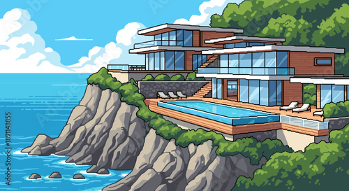 Pixel Art Modern pixel art cliffside villa with ocean view and infinity pool