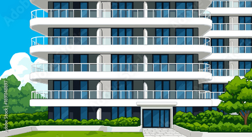 Pixel Art Modern architectural building with glass balconies in cartoon style