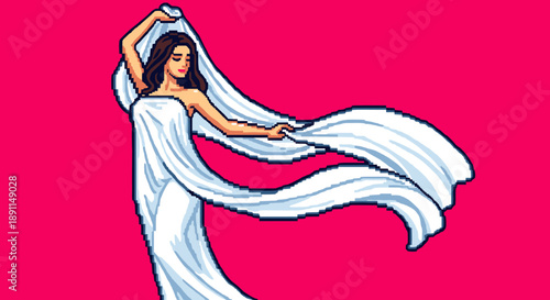Pixel art woman in flowing white dress on bold pink background
