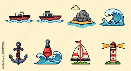 Pixel Art Retro pixel art marine icons: ships, waves, lighthouse, and more