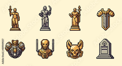 Pixel art fantasy statues and armor set with golden detailing