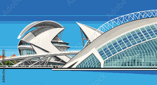 Pixel art depiction of modern architectural landmarks against a clear blue sky